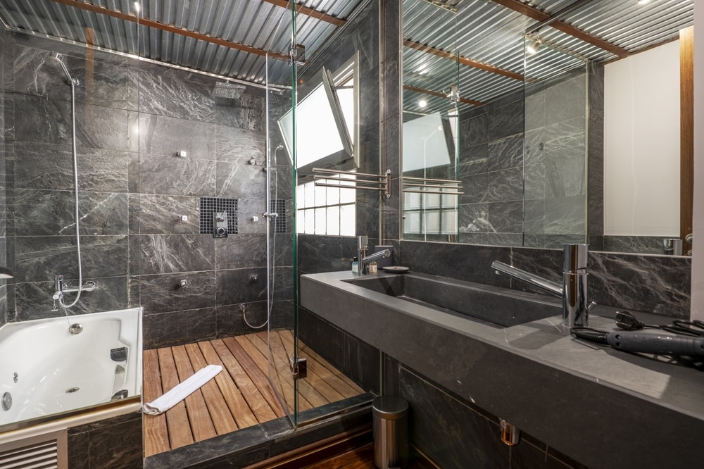Bathroom with beautiful shower doors and mirrors