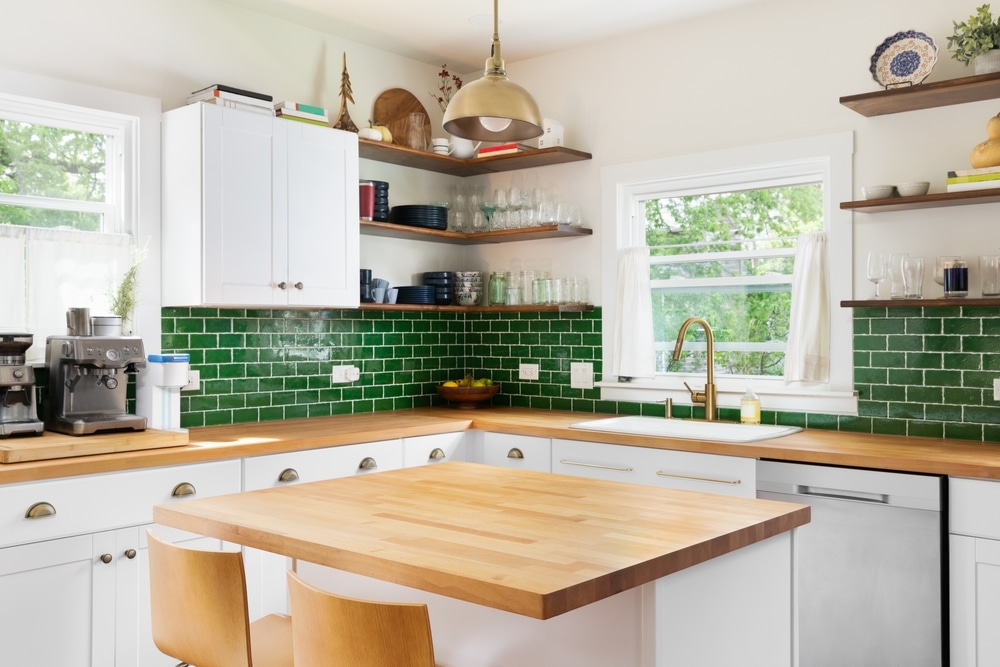 Wood shelves in modern bright kitchen