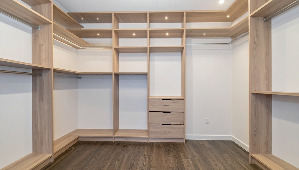 Wood shelving system in closet